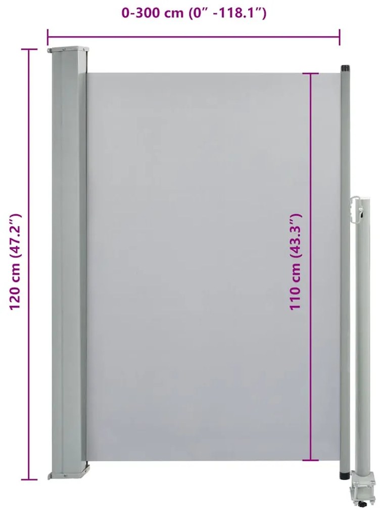 szürke behúzható oldalsó terasz napellenző 120 x 300 cm