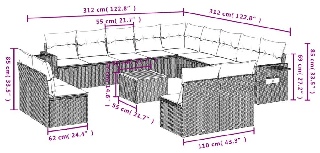 14 részes szürke polyrattan kerti ülőgarnitúra párnákkal