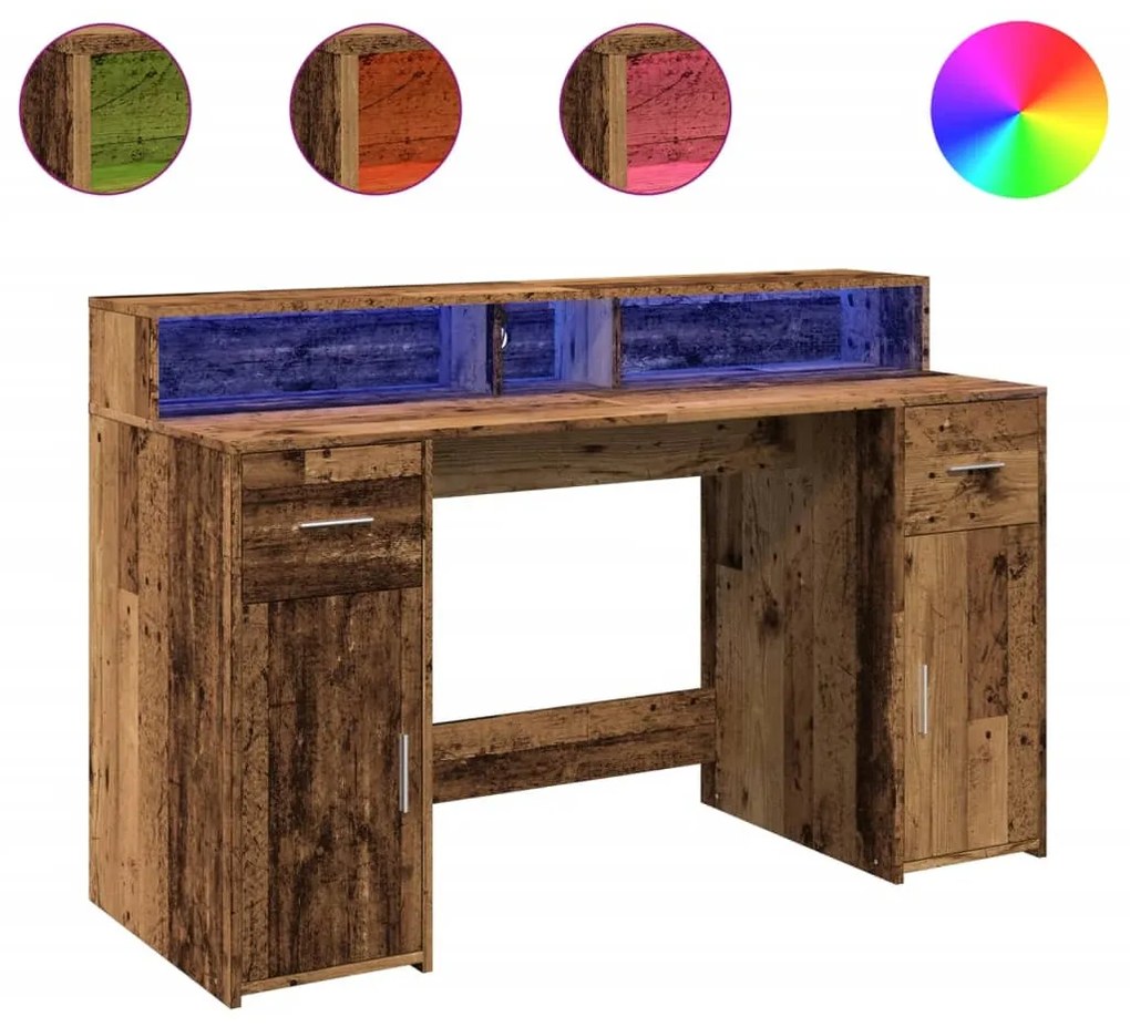 antik fa színű szerelt fa íróasztal LED-ekkel 140 x 55 x 91 cm