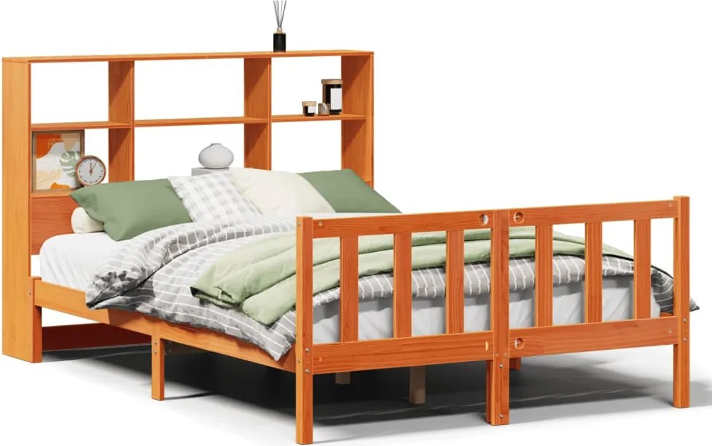 vidaXL barna tömör fenyőfa könyvespolcos ágy matrac nélkül 135 x 190cm