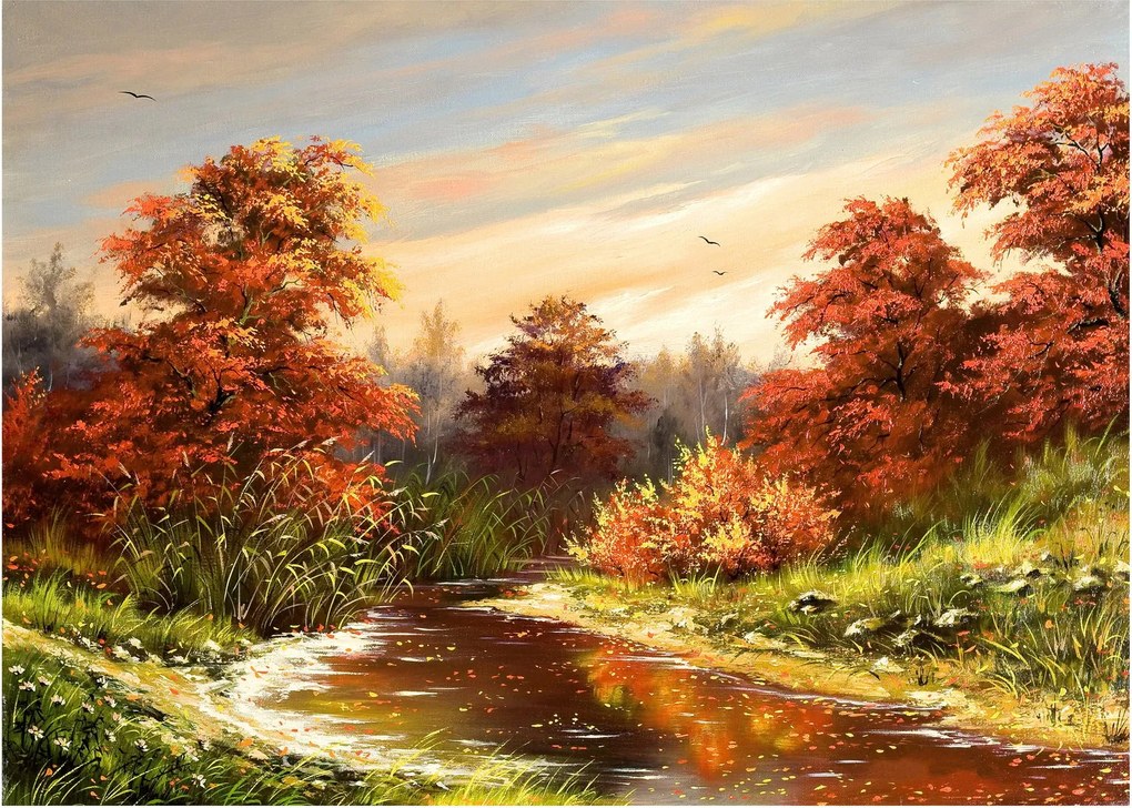 Kép egy folyóról egy őszi tájban, olajfestmény (üvegen) (70x50 cm)