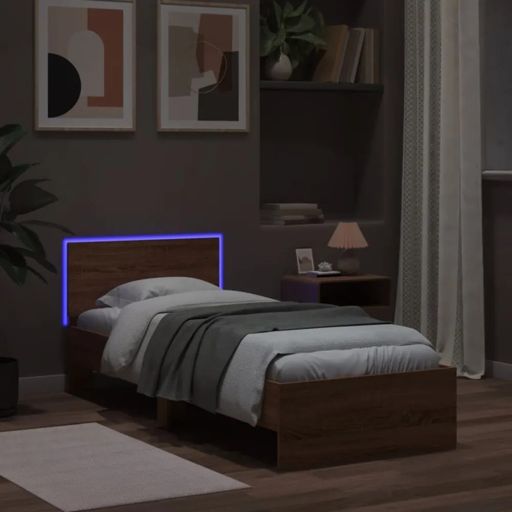 barna tölgy színű ágykeret fejtámlával és LED-ekkel 75 x 190 cm