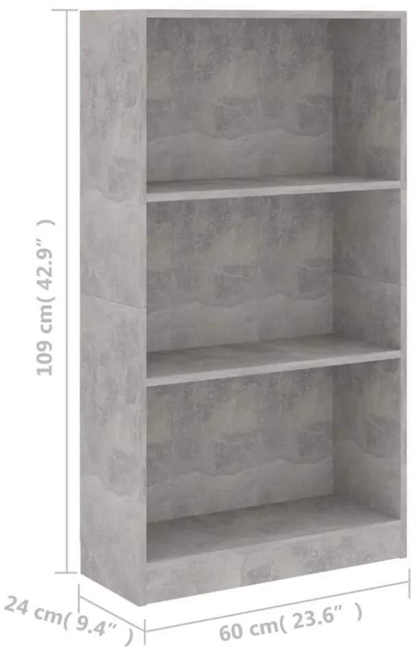 3 szintes betonszürke szerelt fa könyvszekrény 60x24x109 cm