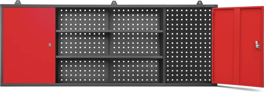 Függesztett műhelyszekrény perforált táblával, antracit-piros, 1600x600x200 mm: LEO