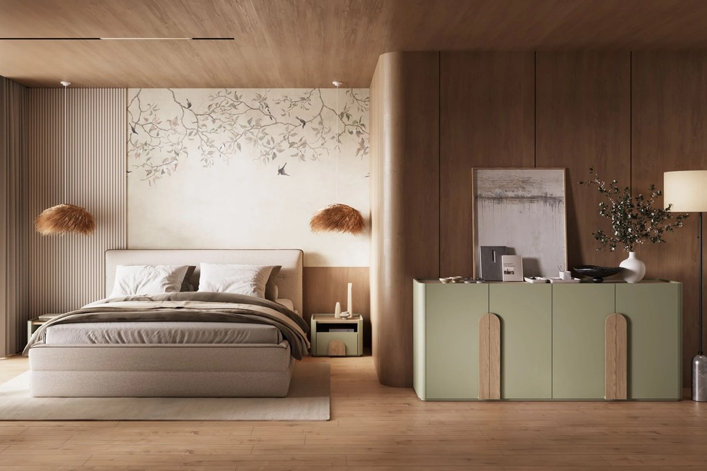 Amilio négyajtós komód 200 cm - eukaliptusz / baltic tölgy / natúr tölgy fogantyú