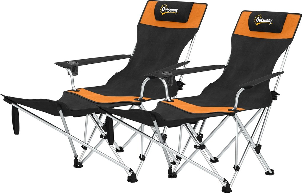 Outsunny 2 darab összecsukható kempingszék / horgász fotel levehető lábtartóval, pohártartóval és párnázott fejtámlával — kertbe, strandra és kempinge