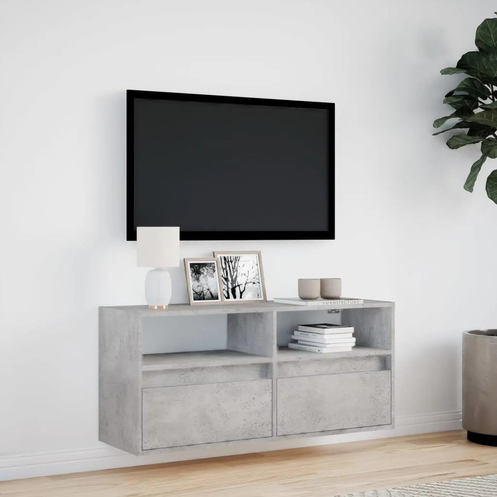 betonszürke falra szerelhető TV-szekrény LED-del 100x31x45 cm