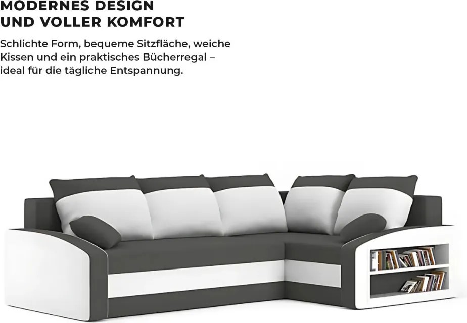 Grande sarokkanapé polcokkal , polc a jobb karfaban, jobboldali, szövet anyag, hab töltet, szürke - fehér