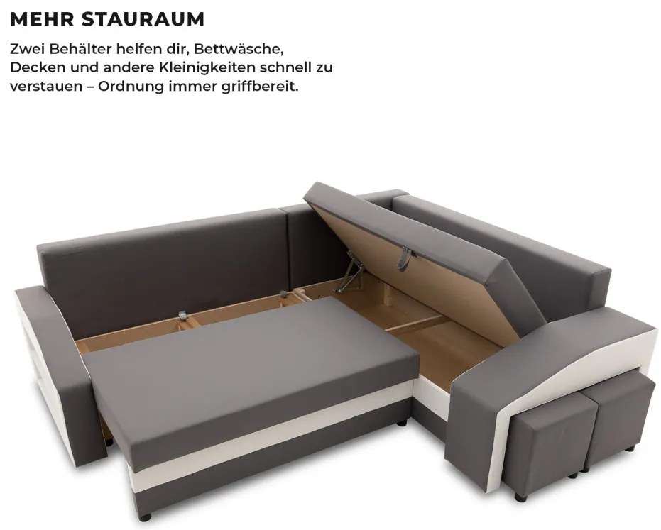 Grande sarokkanapé polcokkal és puffokkal , polc a bal karfaban puffok a jobb karfaban, jobboldali, szövet anyag, bonell töltet, szürke - fehér