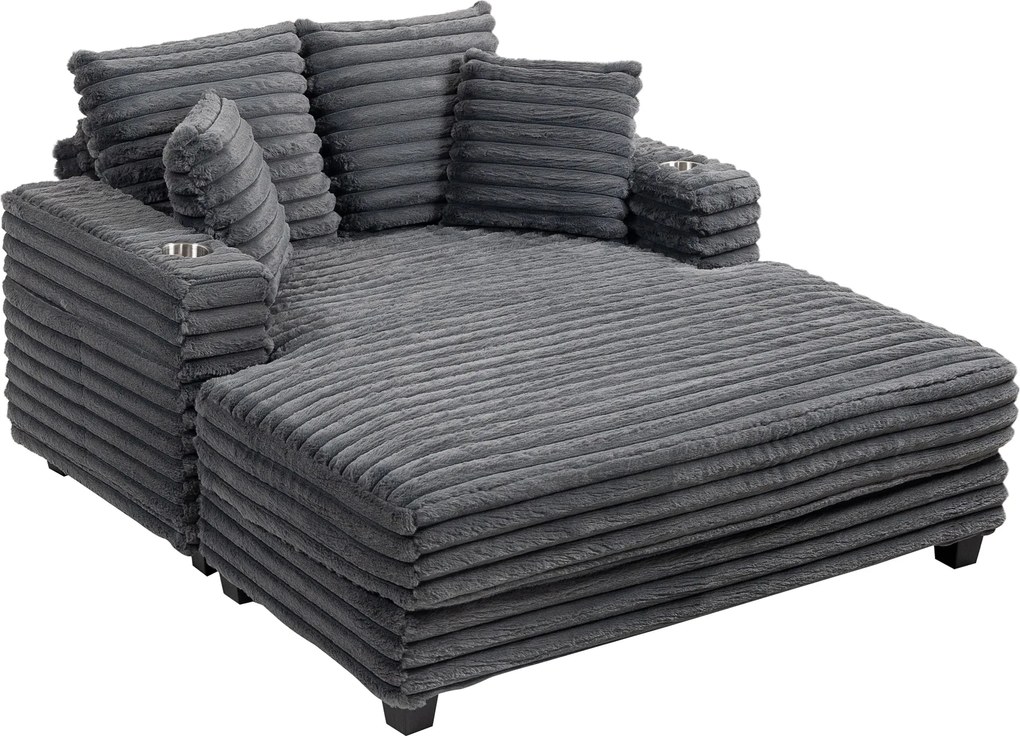 HOMCOM 2 személyes chaise kanapéágy, szürke kordbársony, díszpárnákkal, kartámaszokkal és pohártartókkal – 134 x 151 x 89 cm | Aosom