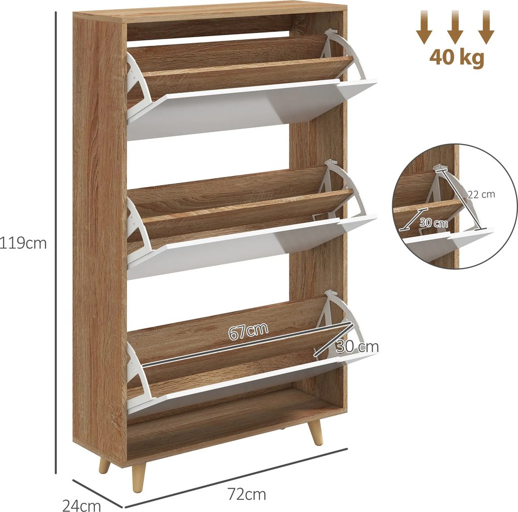 HOMCOM 3-ajtós cipőtároló, állítható polccal, 72 x 24 x 119 cm, Természetes és fehér | Aosom