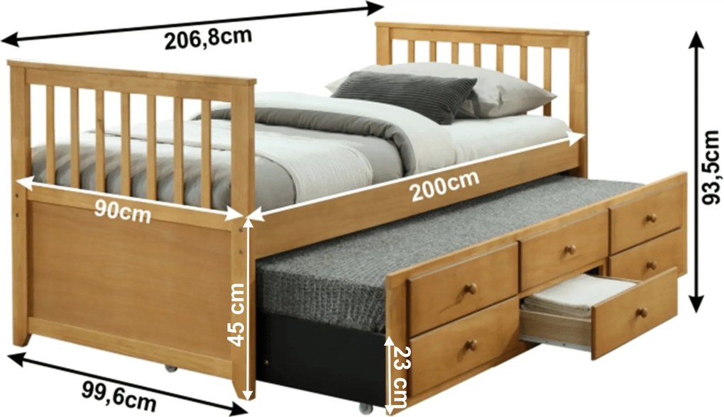 Ágy pótággyal, 90x200, tölgy, AUSTIN NEW