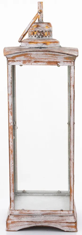 Vintage koptatott barna-krém üvegezett fém mécsestartó lantern lámpás akasztóval 79x23x23cm