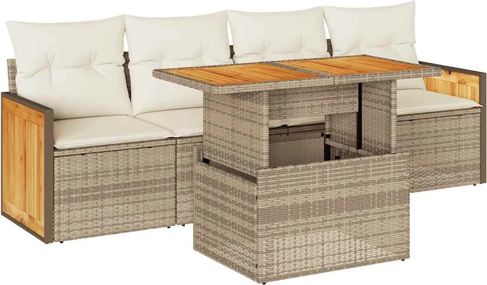 vidaXL 5 részes bézs polyrattan és akácfa kerti ülőgarnitúra párnákkal