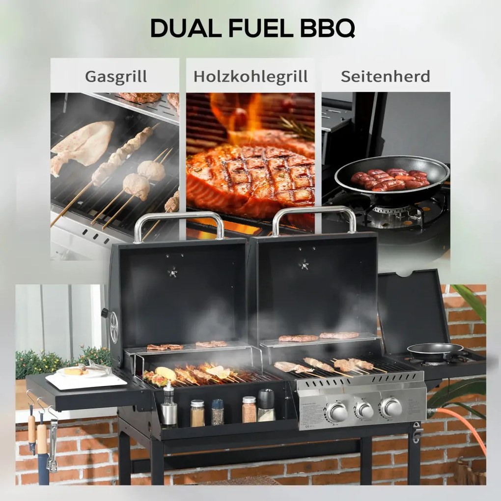 Outsunny Gázgrill, hőmérővel és melegen tartó tányérokkal, fekete és ezüst