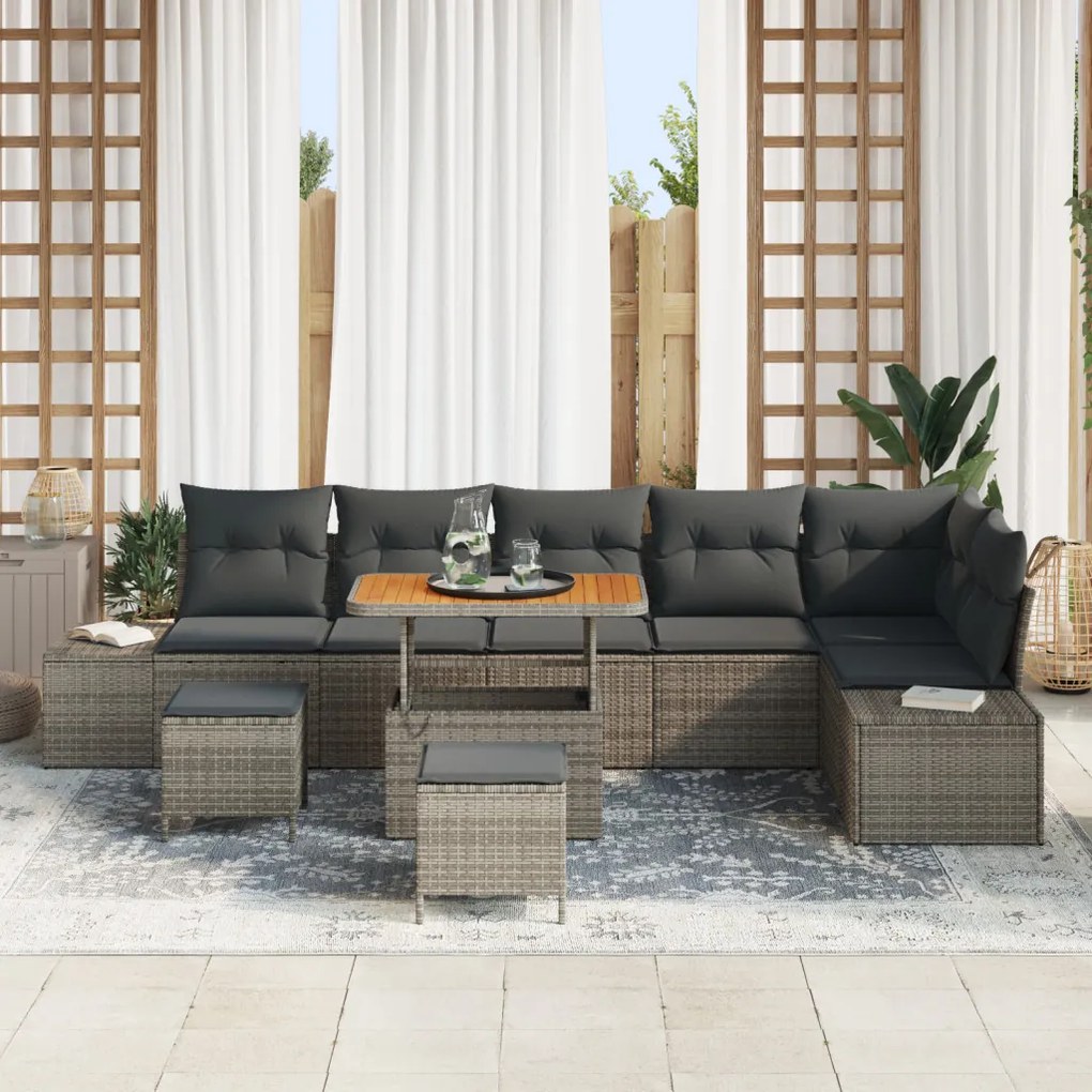 9 részes kertibútor szett párnákkal szürke poli rattan akác, 2-fős kertibútor párnákkal szürke poli rattan, 3 részes kert dining szett párnákkal szürke poli rattan akác