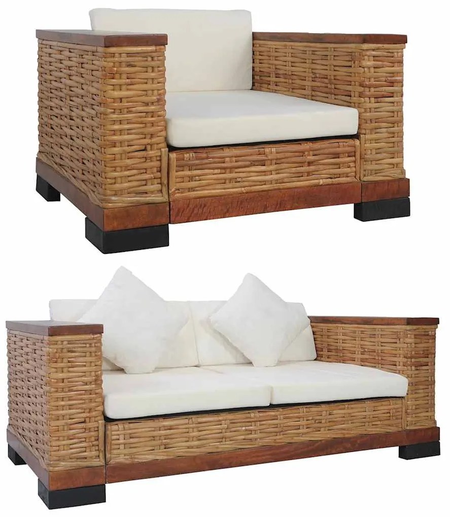 vidaXL 2 részes barna természetes rattan kanapészett párnákkal