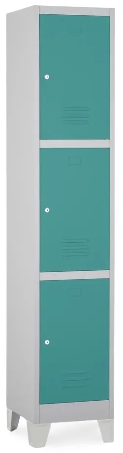 Fém szekrény - 3 doboz, 38 x 45 x 195 cm, fix lábakkal, hengerzár, zöld - ral 6033