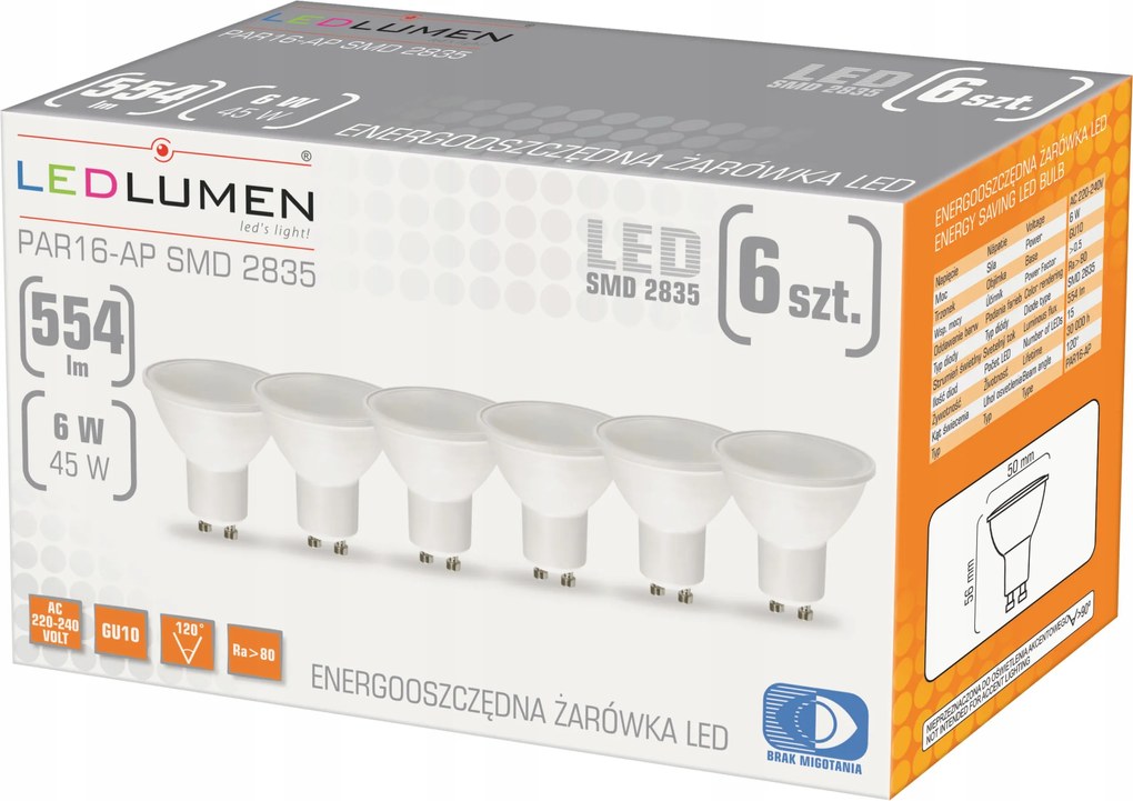 6 db-os Led izzó szett GU10 6W=45W 554lm Premium Nincs villódzás Meleg 3000K