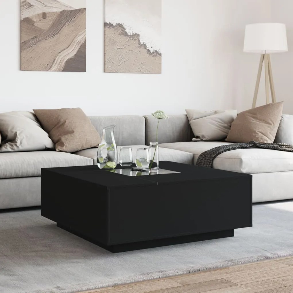 Fekete végtelen hatású LED-es dohányzóasztal 100 x 100 x 40 cm