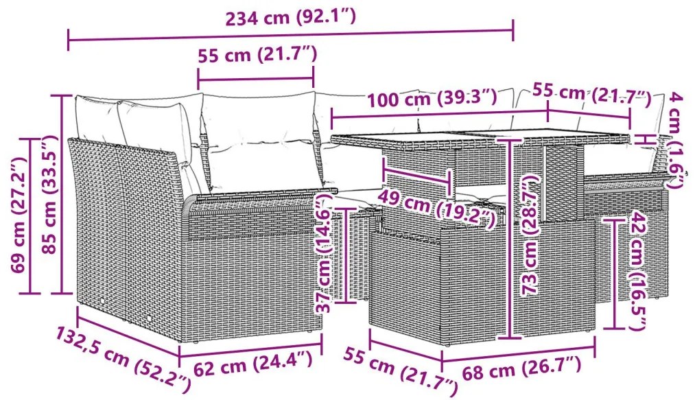 7 darabos kerti ülőgarnitúra párnákkal barna poli rattan, 2 személyes kerti kanapé tárolóval és párnákkal barna poli rattan