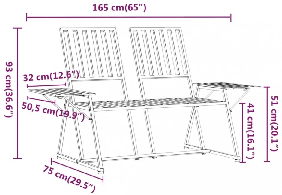 kétszemélyes fekete acél kerti pad 165 cm