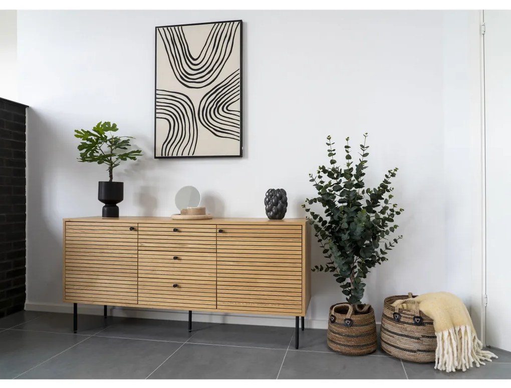 Kyoto komód 3 fiókkal, 2 ajtóval, tölgyfa furnér, natúr, fekete fém lábakkal, 150x40x74 cm
