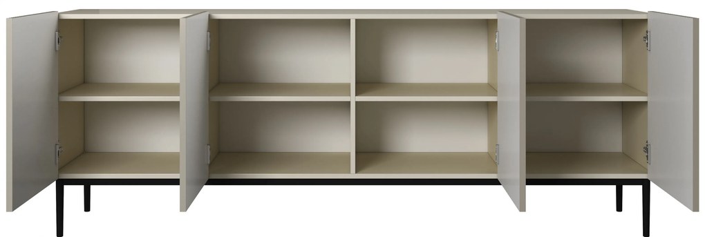 Nicole komód 200 cm négyajtós, bordázott előlap - kasmír / fekete lábak