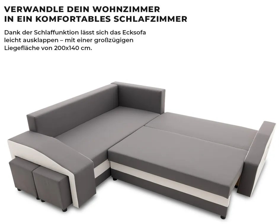 Grande sarokkanapé polcokkal és puffokkal , polc a jobb karfaban puffok a bal karfaban, baloldali, szövet anyag, hab töltet, szürke - fehér