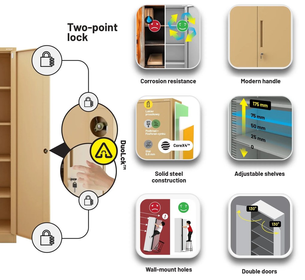 Zárható irodai szekrény JAN, 900 x 1850 x 400 mm, Fresh Style: bézs