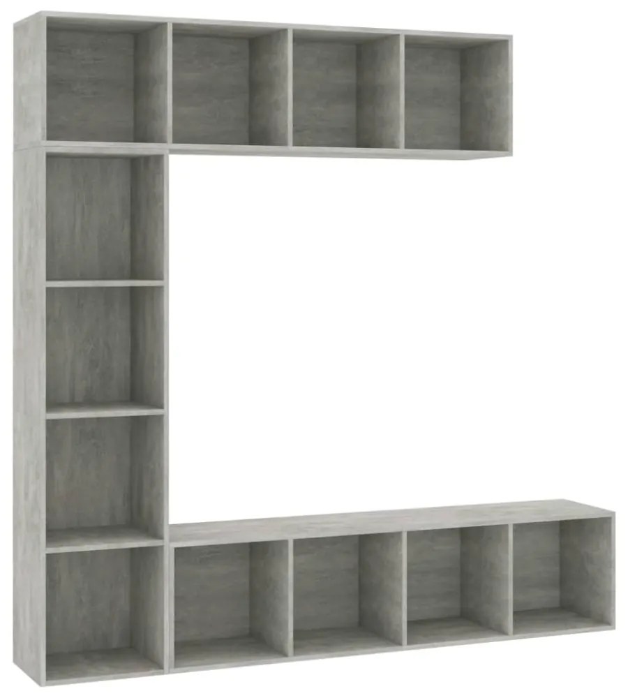 3-részes betonszürke könyv-/TV-szekrényszett 180 x 30 x 180 cm