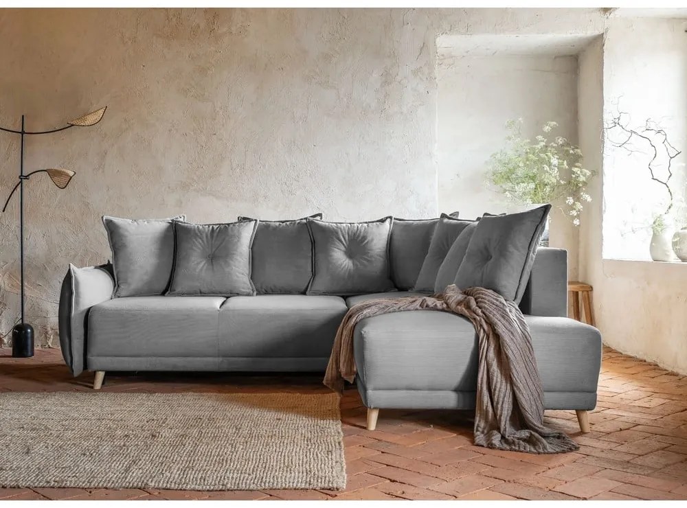 Szürke kordbársony kinyitható sarokkanapé (jobb oldali) Lazy Lukka – Miuform