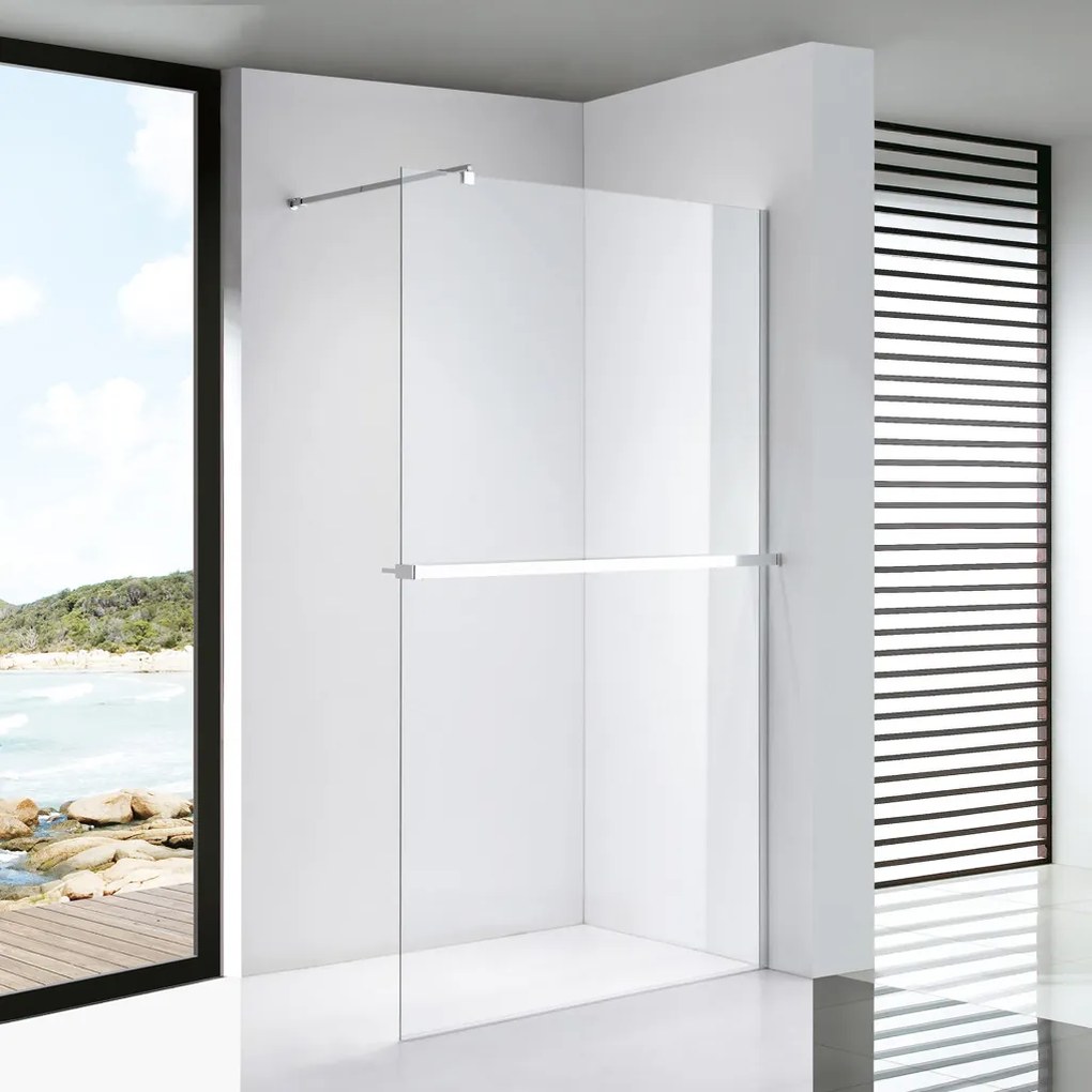 Stuxi Milano Plus Walk-in zuhanyfal, 100x200 cm, 8 mm vastag vízlepergető biztonsági üveggel, króm profillal, távtartóval, polccal és törölközőtartóval