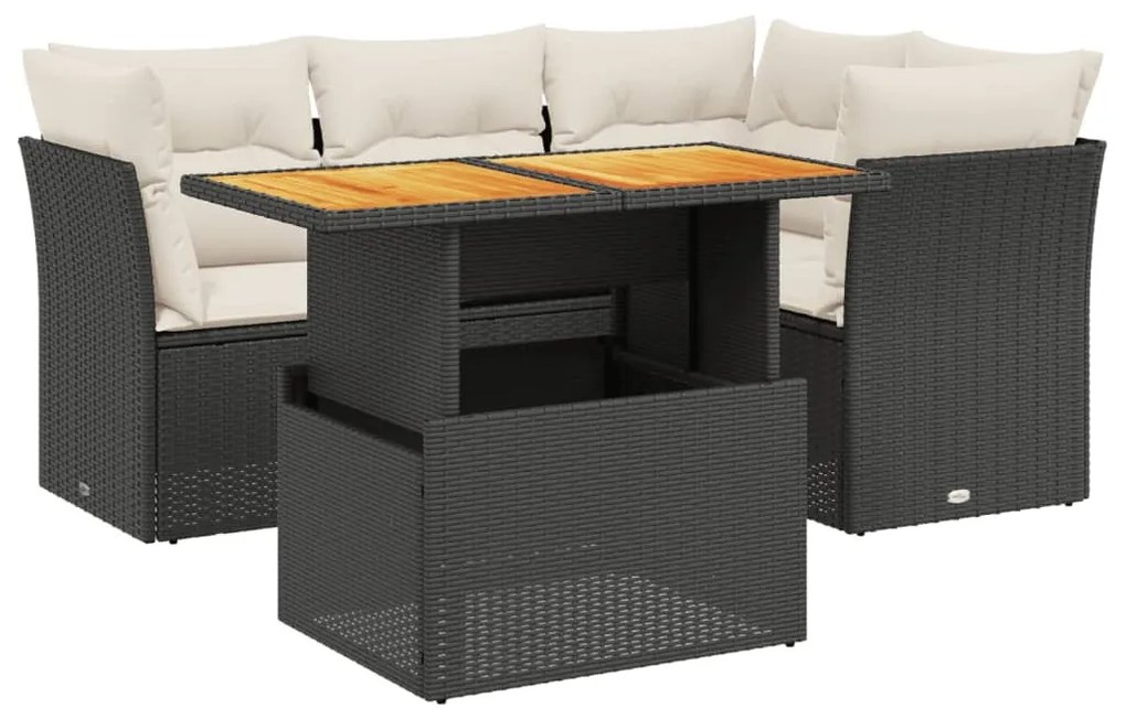 5 részes fekete polyrattan kerti kanapészett párnákkal