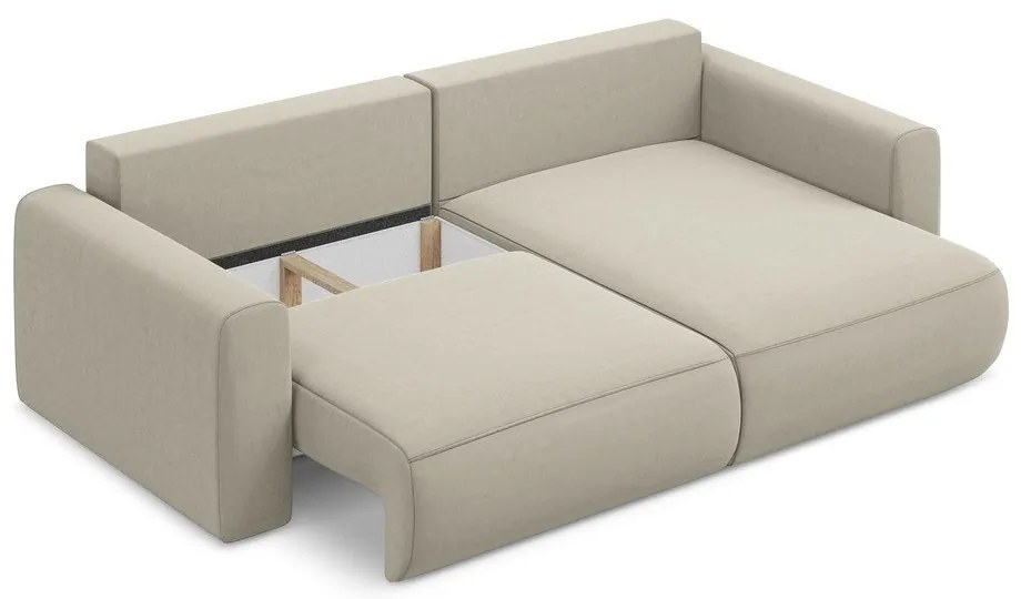 Bézs bársony kinyitható-tárolóhelyes sarokkanapé (jobb oldali-heverő résszel) Kapua – Makamii