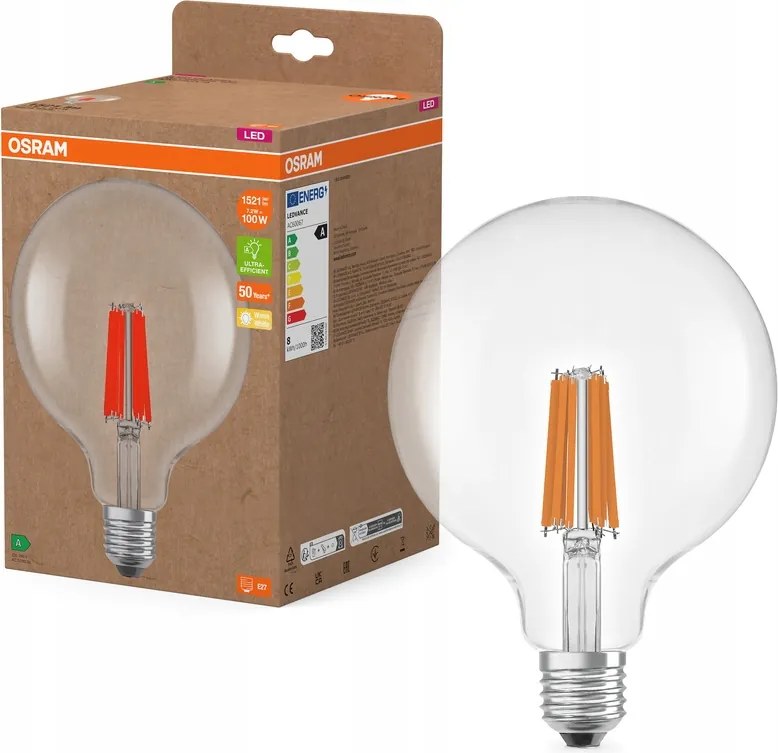 Led izzó Globe E27 7,2W 100W 1521lm 2700K Filament 212lm/W A osztály Osram