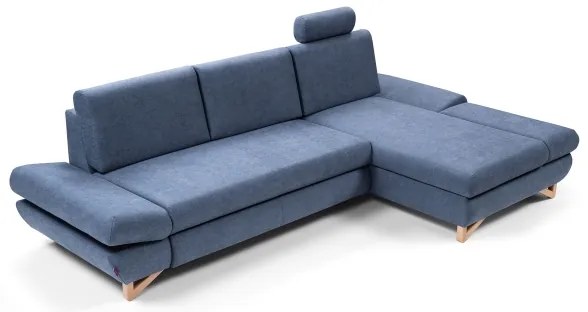 Ágyazható kárpitozott L-alakú sarok ülőgarnitúra tárolóhellyel AVESTA, jobbos, kék