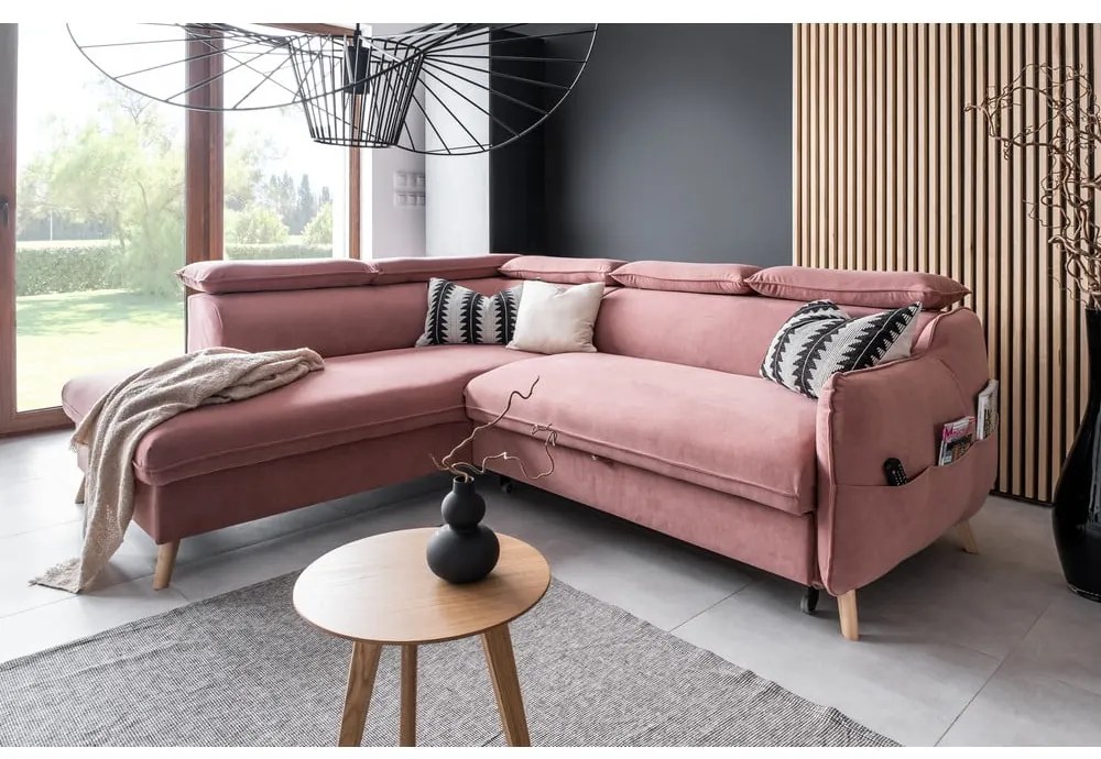 Világos rózsaszín bársony kinyitható sarokkanapé (bal oldali) Sweet Harmony – Miuform