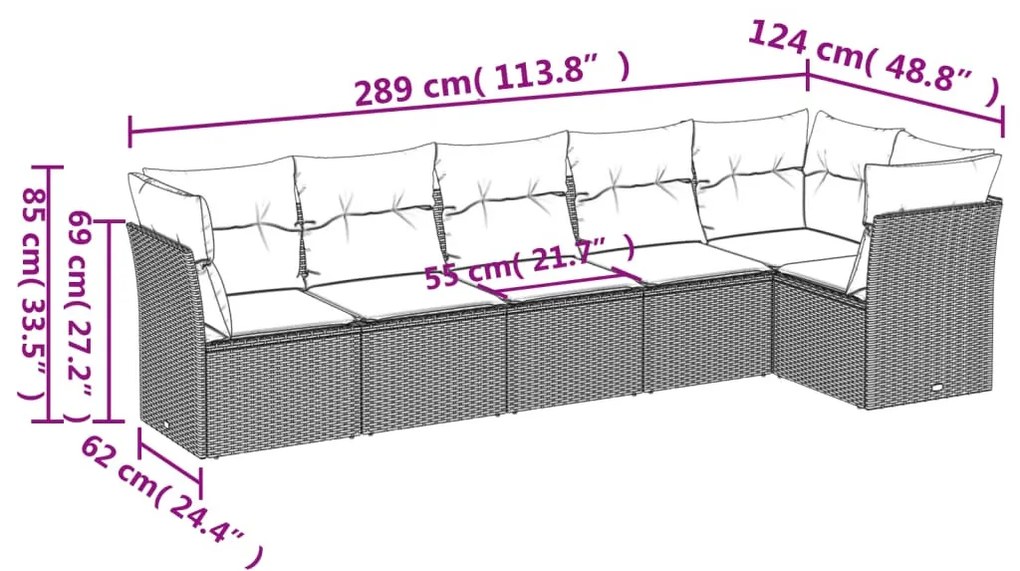 6 részes fekete polyrattan kerti ülőgarnitúra párnákkal