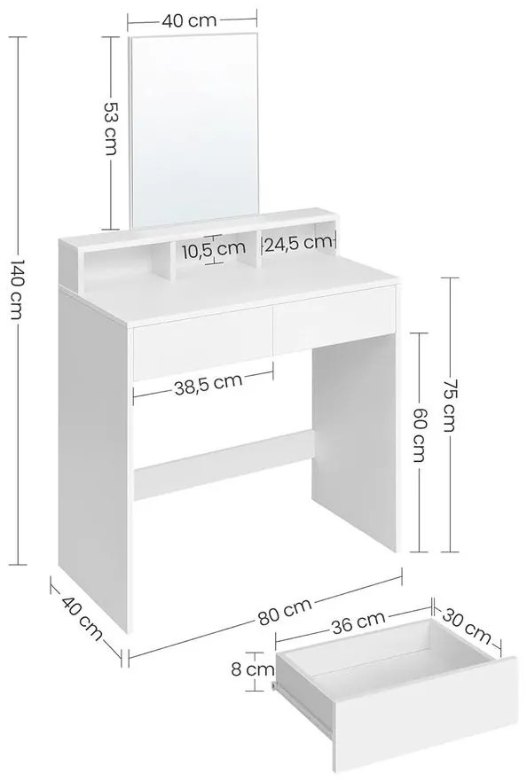 Fésülködőasztal nagy tükörrel, 2 fiókkal, modern kozmetikai asztal, fehér