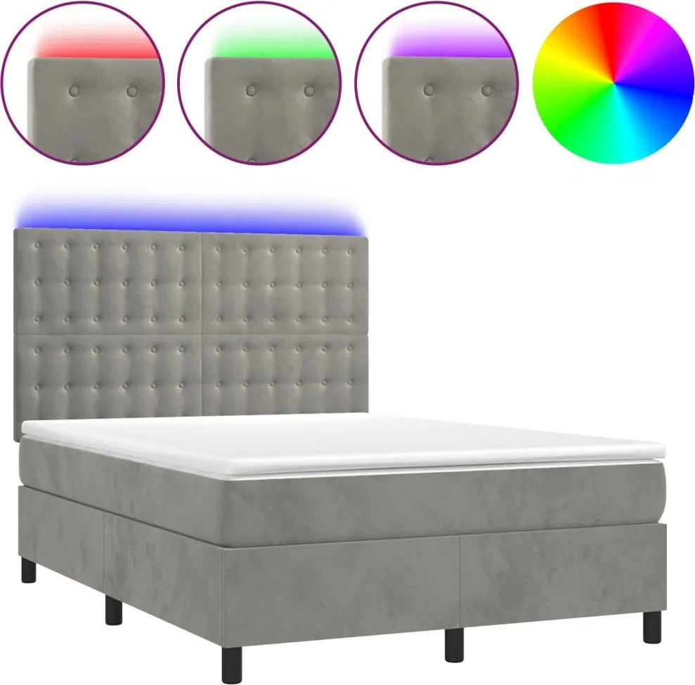 vidaXL világosszürke bársony rugós és LED-es ágy matraccal 140x200 cm