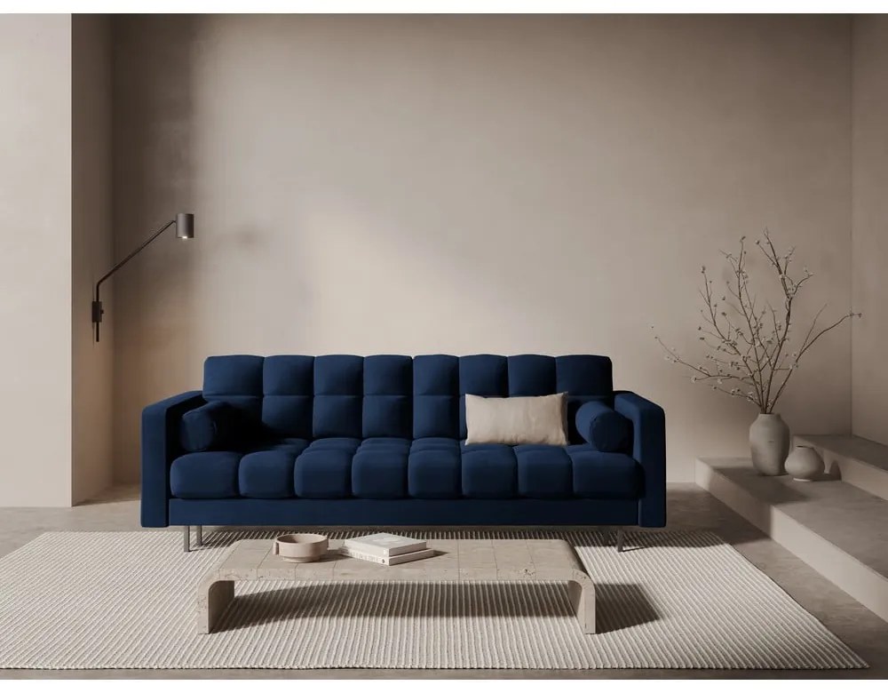 Sötétkék bársony kinyitható tárolóhelyes kanapé 222 cm Bali – Cosmopolitan Design