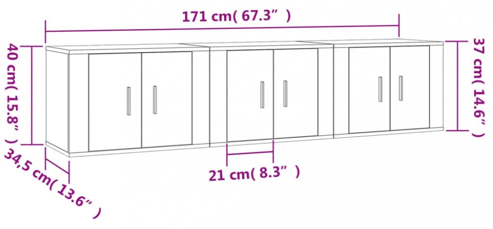 3 db barna tölgy színű fali TV-szekrény 57x34,5x40 cm
