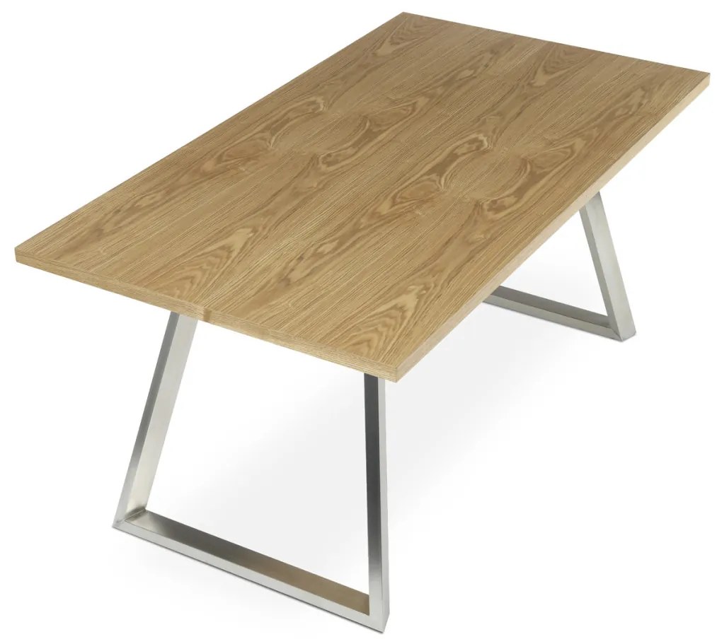 Masă de dining 160x90 cm, MDF + furnir, nuanță stejar, picioare metalice, oțel inoxidabil periat.