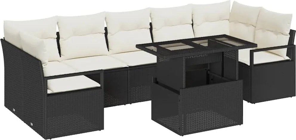 vidaXL Kerti Kanapé Szett tárolóval 8 pcs Fekete Poli rattan