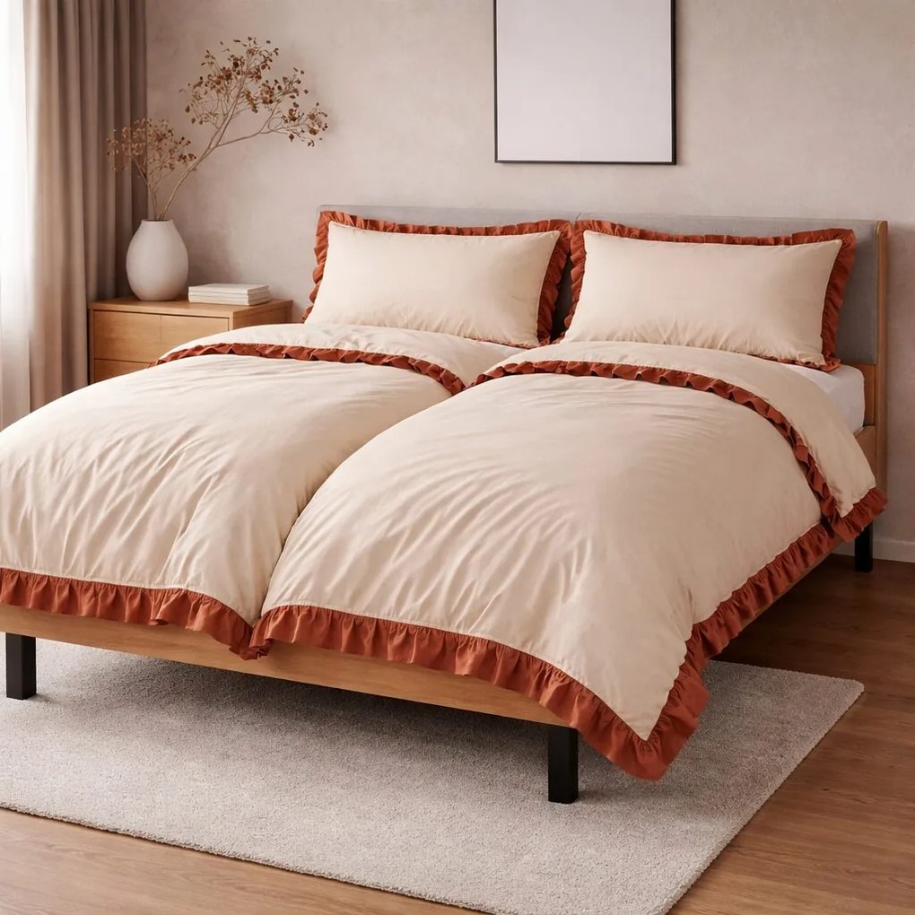 Pamut ágyneműhuzat fodros bézs 200x140cm+90x70cm TiaHome