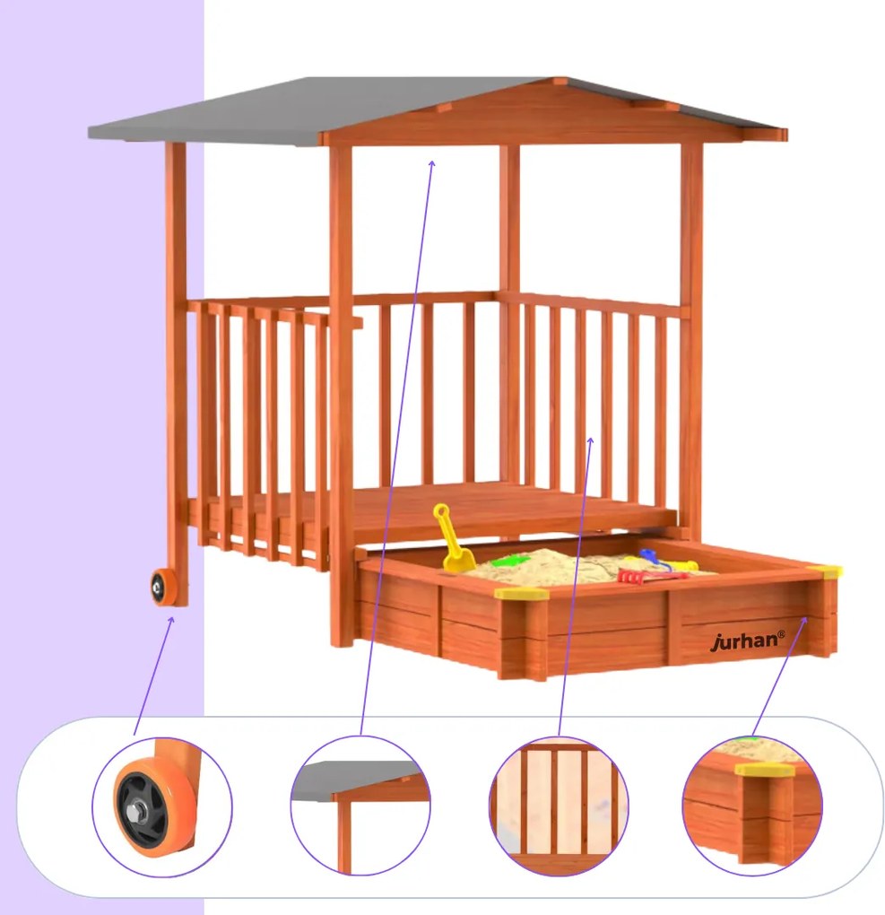 SUNNY verandás homokozó, 130x130x143cm, barna/szürke Jurhan