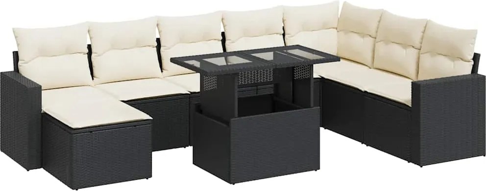 vidaXL 9 részes fekete polyrattan kerti ülőgarnitúra párnákkal