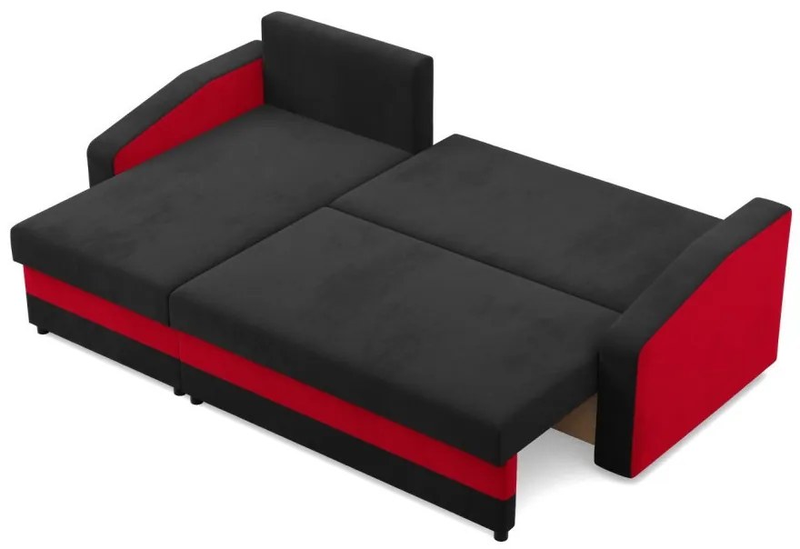 Hewlet sarokkanapé, 2 ágyneműtartóval, szövet anyag, univerzális oldal, hab töltet, fekete - piros