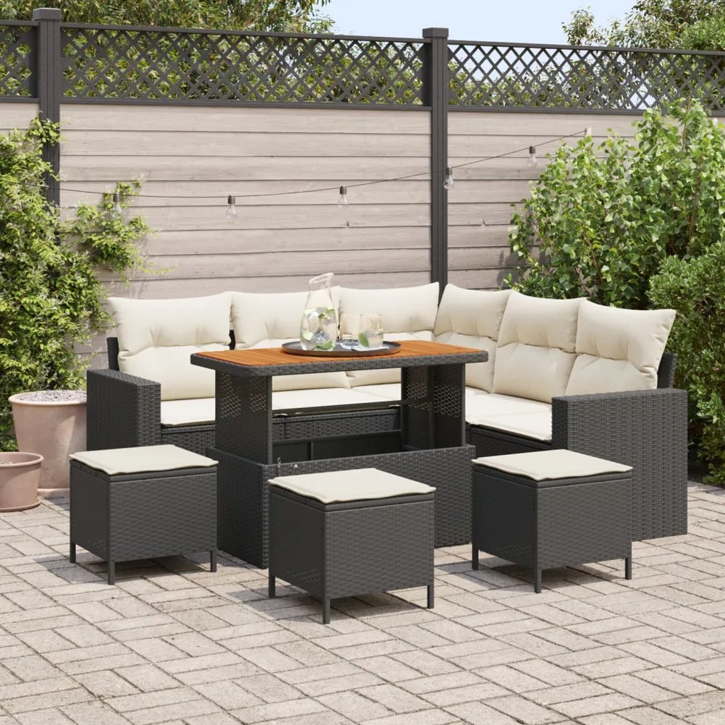 8 Részes Kerti Kanapé Szett Párnákkal Fekete Poly Rattan Akácia, 3 Részes Kerti Étkező Szett Párnákkal Fekete Poly Rattan Akácia